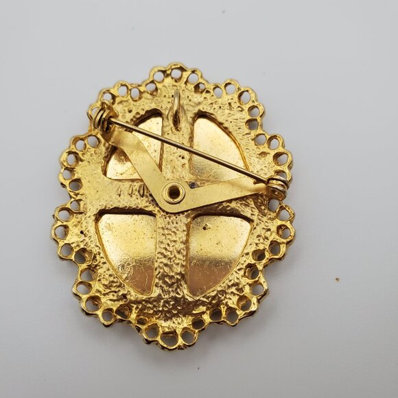 Vintage 2 in 1 Oval Tartan Plaid Gold Bezelled Pin Brooch & Pendant Ornate Bezel - Picture 4 of 6